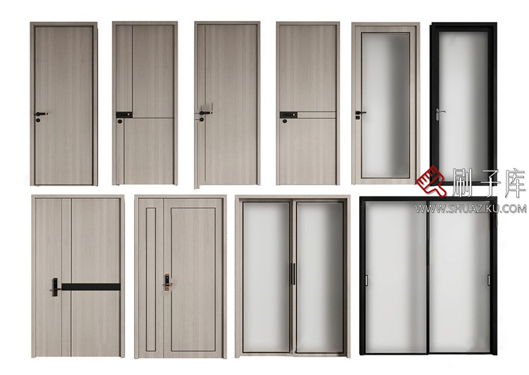 图片[7]-室内卧室单开双开实木玻璃推拉门SU模型防盗门木门草图大师谷仓门-刷子库