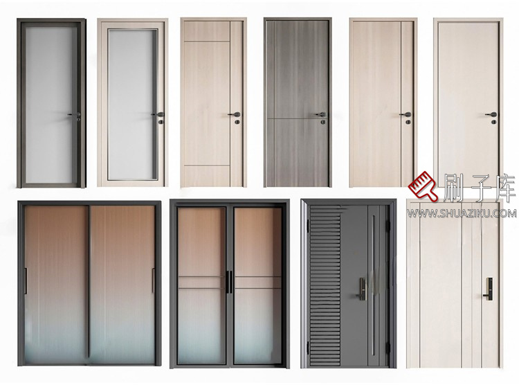 图片[25]-室内卧室单开双开实木玻璃推拉门SU模型防盗门木门草图大师谷仓门-刷子库