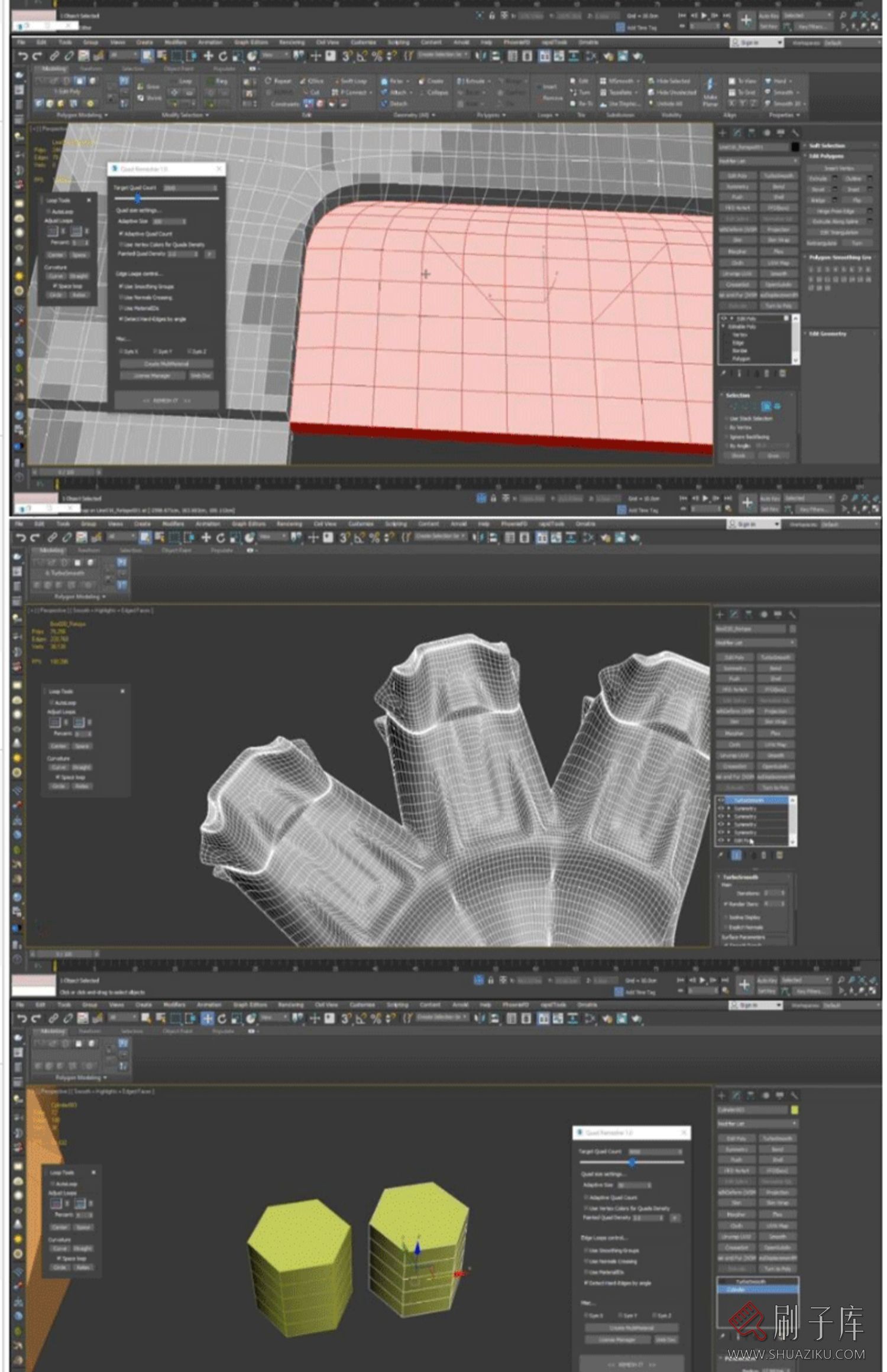 3dsmax四边形网格模型重拓扑插件QuadRemesher三角面转四边面插件-2
