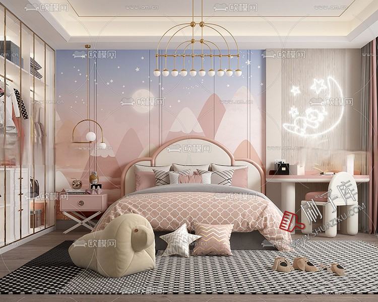 图片[14]-儿童房女孩房公主房男孩房3d模型小孩房儿童上下床卧室3dmax模型-刷子库