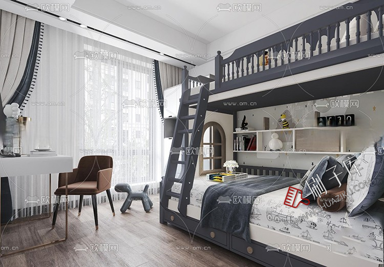 图片[17]-儿童房女孩房公主房男孩房3d模型小孩房儿童上下床卧室3dmax模型-刷子库
