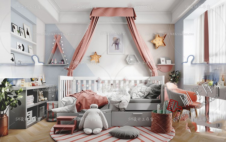 图片[25]-儿童房女孩房公主房男孩房3d模型小孩房儿童上下床卧室3dmax模型-刷子库
