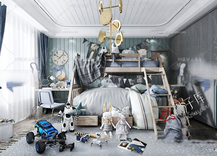 图片[45]-儿童房女孩房公主房男孩房3d模型小孩房儿童上下床卧室3dmax模型-刷子库