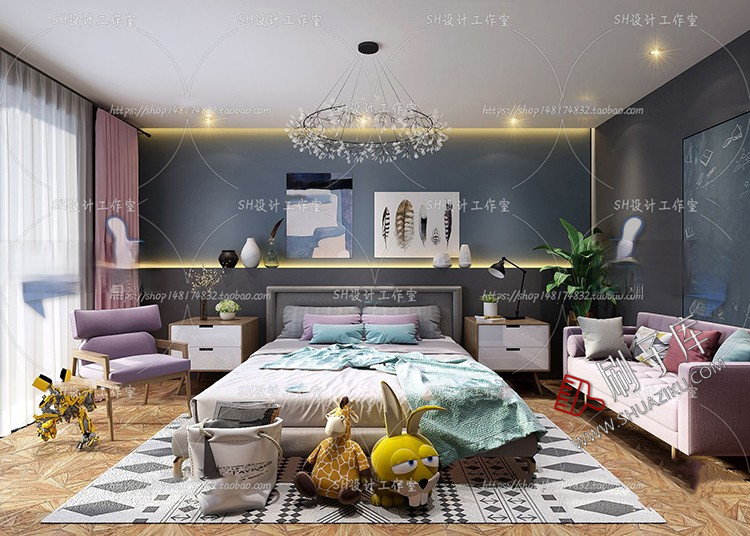 图片[53]-儿童房女孩房公主房男孩房3d模型小孩房儿童上下床卧室3dmax模型-刷子库