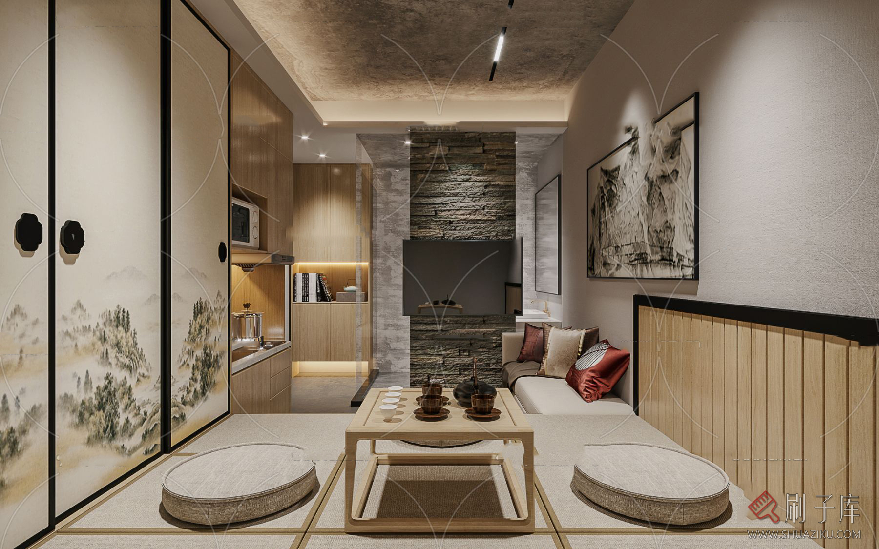 图片[13]-日式风格3d模型家装新中式禅意卧室客厅餐厅茶楼设计3dmax-刷子库