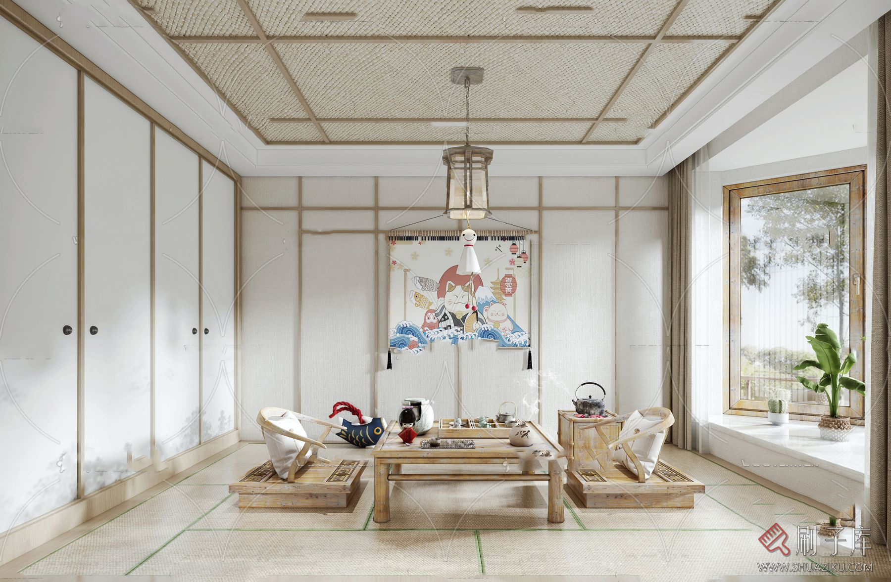 图片[15]-日式风格3d模型家装新中式禅意卧室客厅餐厅茶楼设计3dmax-刷子库