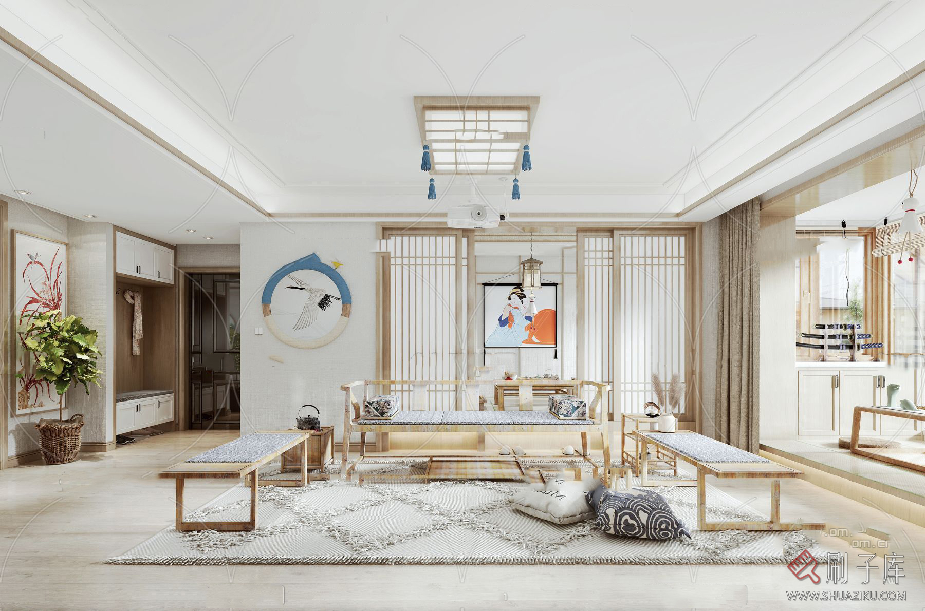 图片[17]-日式风格3d模型家装新中式禅意卧室客厅餐厅茶楼设计3dmax-刷子库