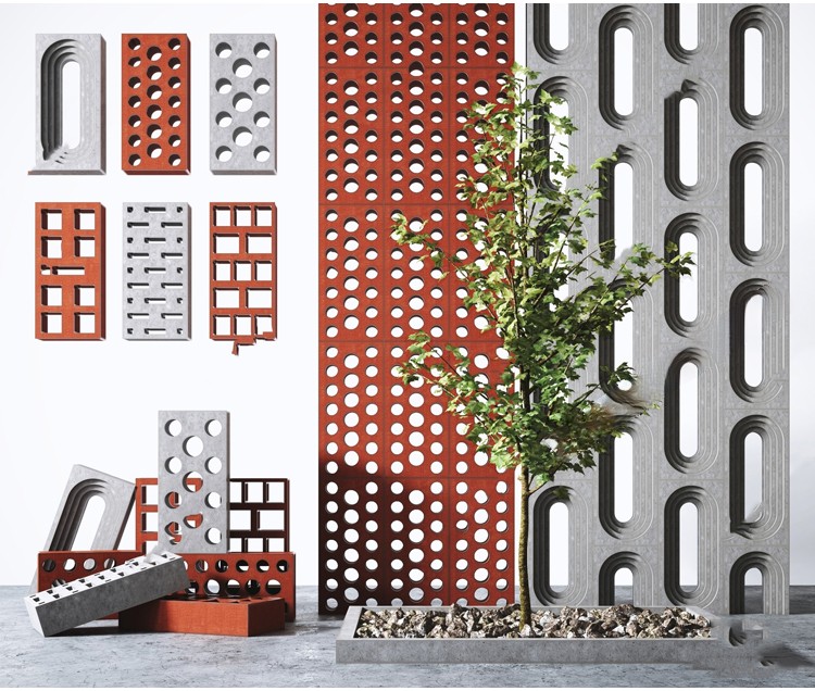 图片[9]-现代水泥空心砖构件镂空透光隔断侘寂风微水泥景墙SU模型草图大师-刷子库