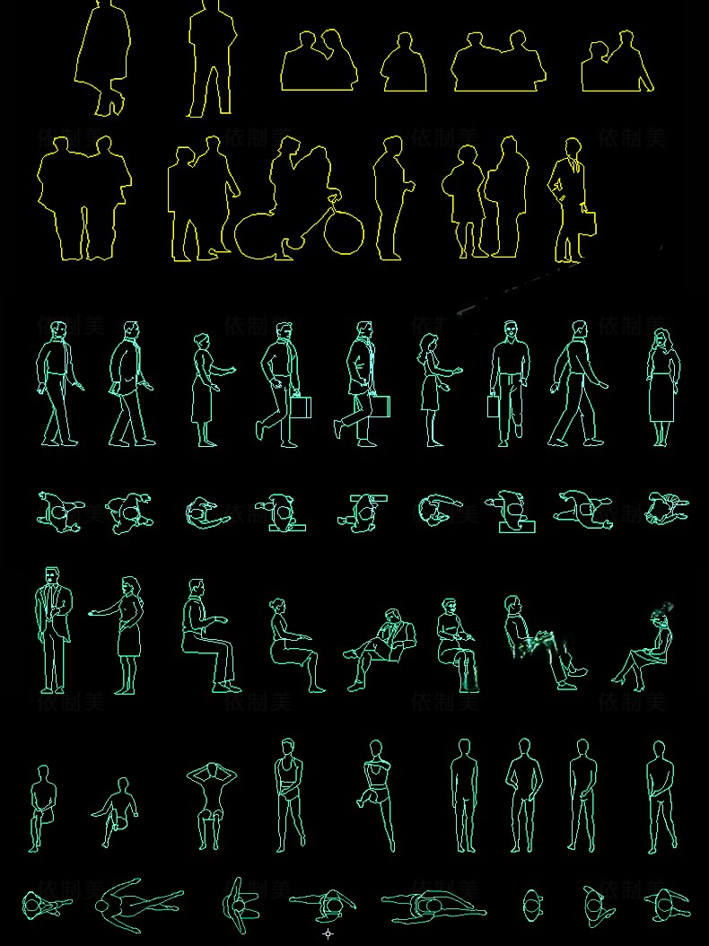 图片[14]-人物造型平面立面CAD图库图块站坐俯视人体工程设计素材运动线稿-刷子库