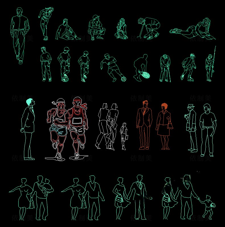 图片[18]-人物造型平面立面CAD图库图块站坐俯视人体工程设计素材运动线稿-刷子库