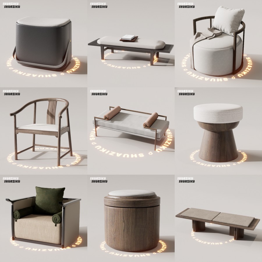D5渲染器中式椅凳模型18款-刷子库