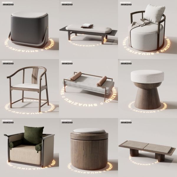 D5渲染器中式椅凳模型18款-刷子库
